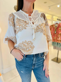 Ciebon Cream Puff Sleeve Embroidered Top