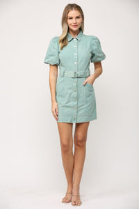 Sloan Button Front Puff Sleeve Mint Denim Dress