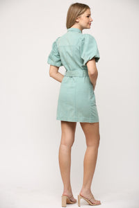 Sloan Button Front Puff Sleeve Mint Denim Dress