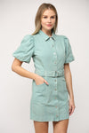 Sloan Button Front Puff Sleeve Mint Denim Dress