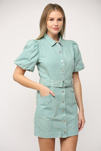 Sloan Button Front Puff Sleeve Mint Denim Dress