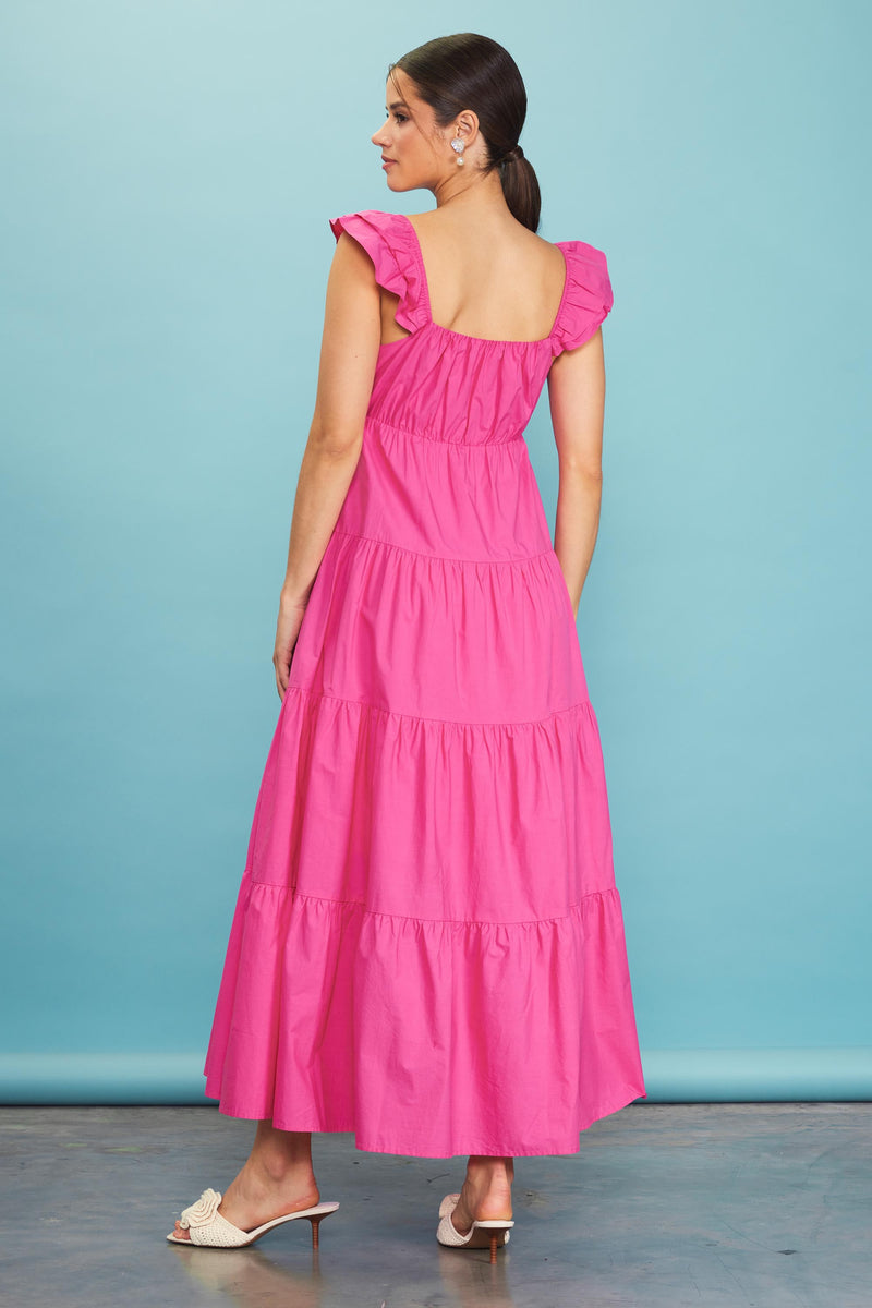 Mamie Ruffle Sleeve Maxi in Flamingo