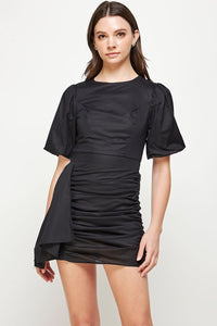 Ginger Ruched Dress with Puff Sleeves in Black & Ivory