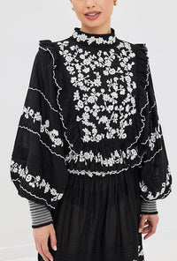 Farm Rio Embroidered Ruffle Long Sleeve Blouse