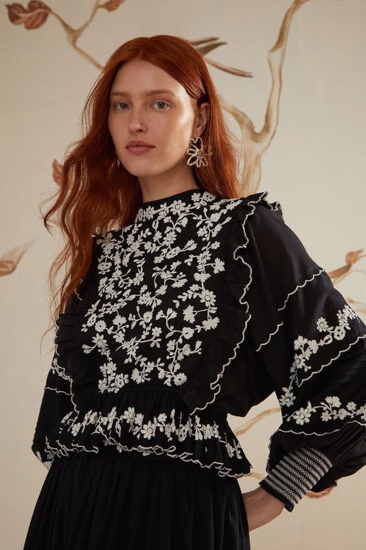 Farm Rio Embroidered Ruffle Long Sleeve Blouse