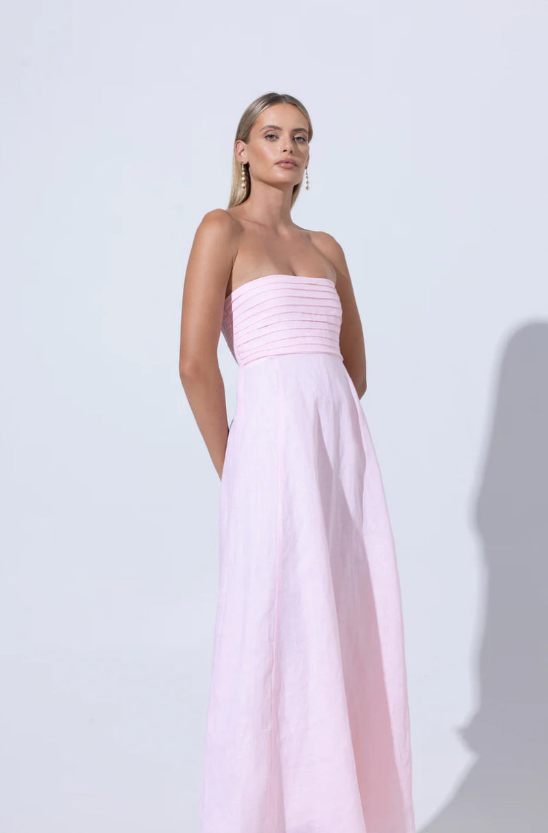 Lusana Talia Linen Pintuck Maxi Dress in Petal